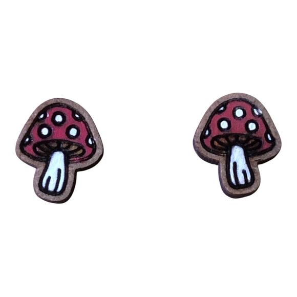 Hand Painted Red Mushroom Stud Earrings Hypoallergenic Lightweight Posts - Picture 5 of 5